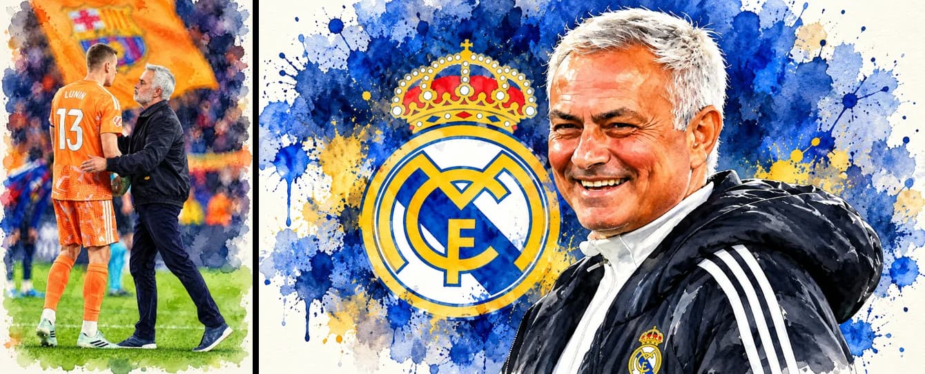 José Mourinho sonriente y felicitando a Lunin al finalizar el partido