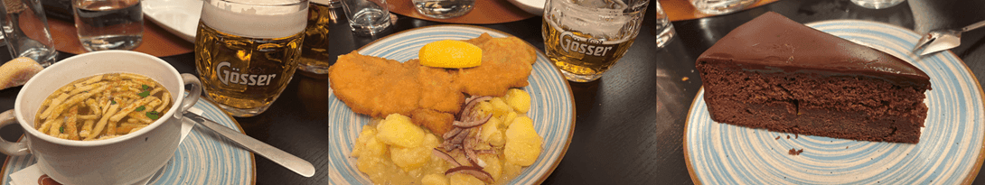 Frittensuppe, Wiener schitzel, tarta sacher y cerveza Gosser