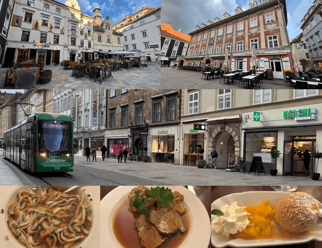 Centro de la ciudad de Graz y cena típica con la famosa sopa Frittatensoup