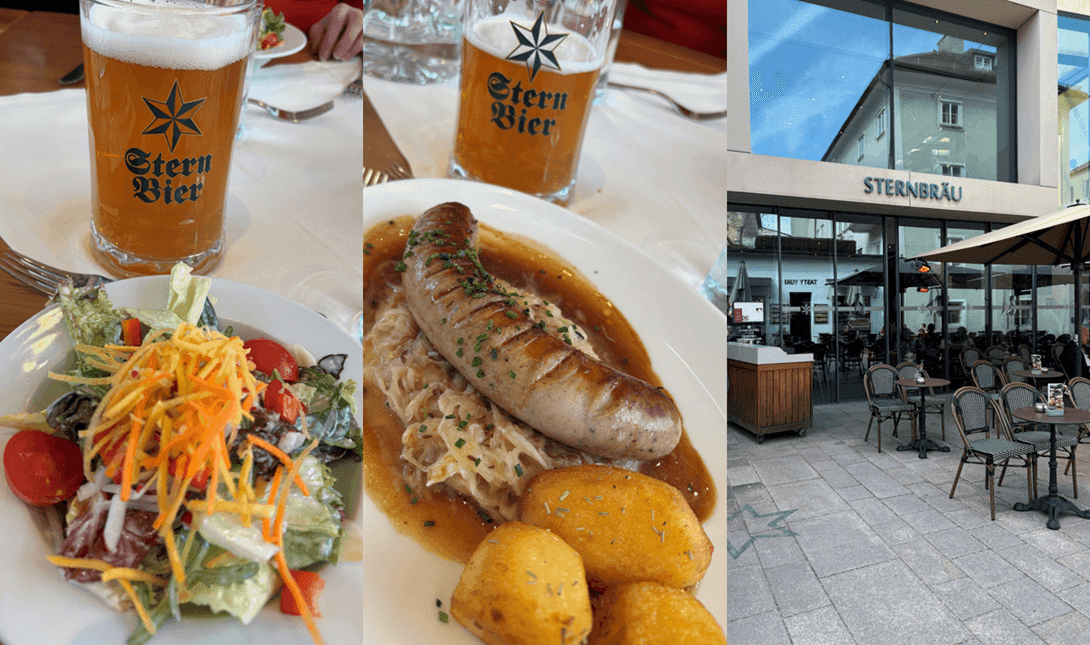 ¡¡¡La primera salchicha del viaje!!! y una cervecita en Sternbrau