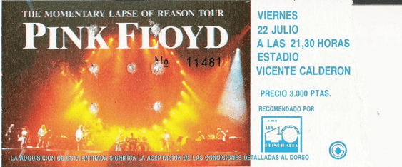 Entrada Concierto Pink Floyd en Madrid - A momentary lapse of reason tour 1988