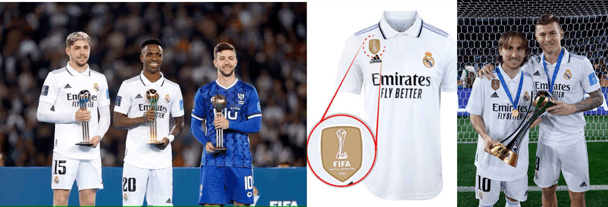 Vinicius, Valverde y Vietto mejores jugadores del torneo - Parche de campeón del mundo 2022 - Modric y Kroos con el trofeo de campeones del mundo