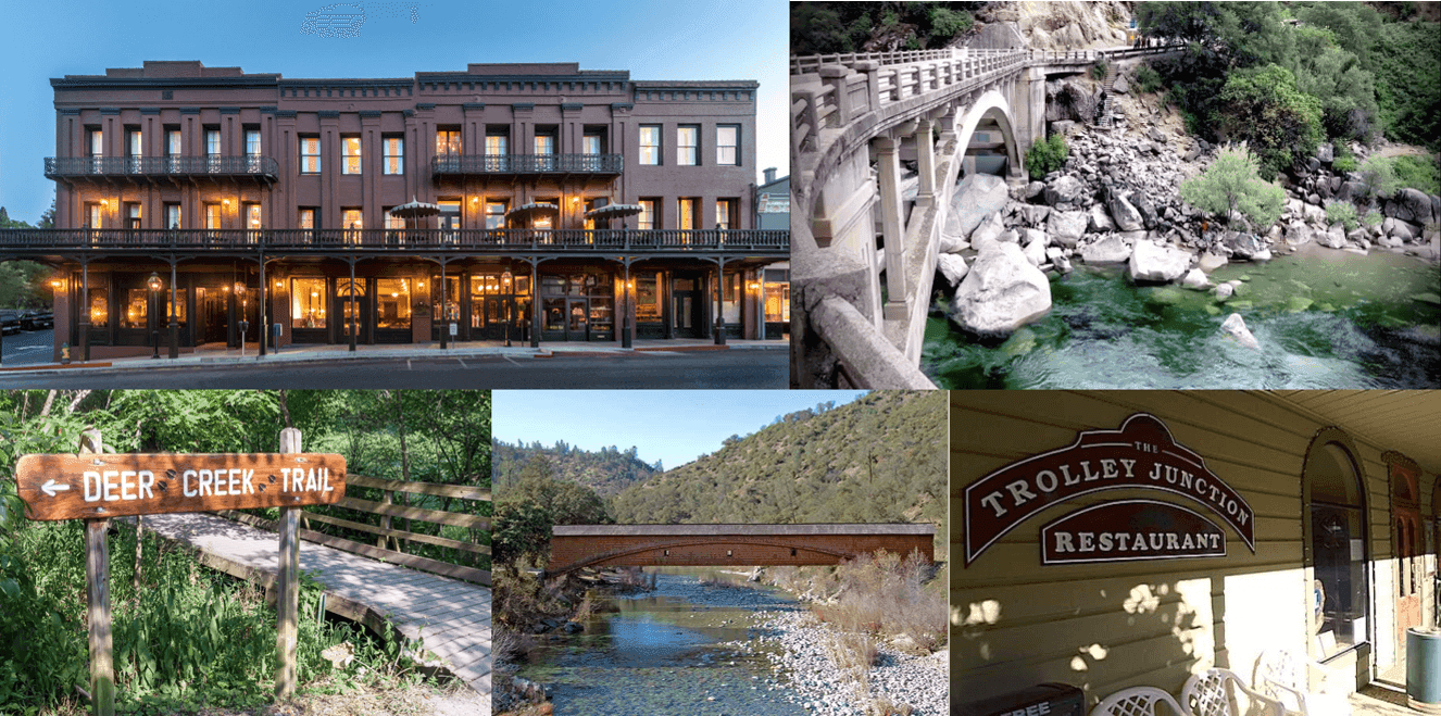 Nevada City: Hotal Nacional, Trolley Junction restaurante (cerrado) - senderos Deer Creek - Stonebridge y Northport bridge. Escenarios de 119 Grove Street álbum