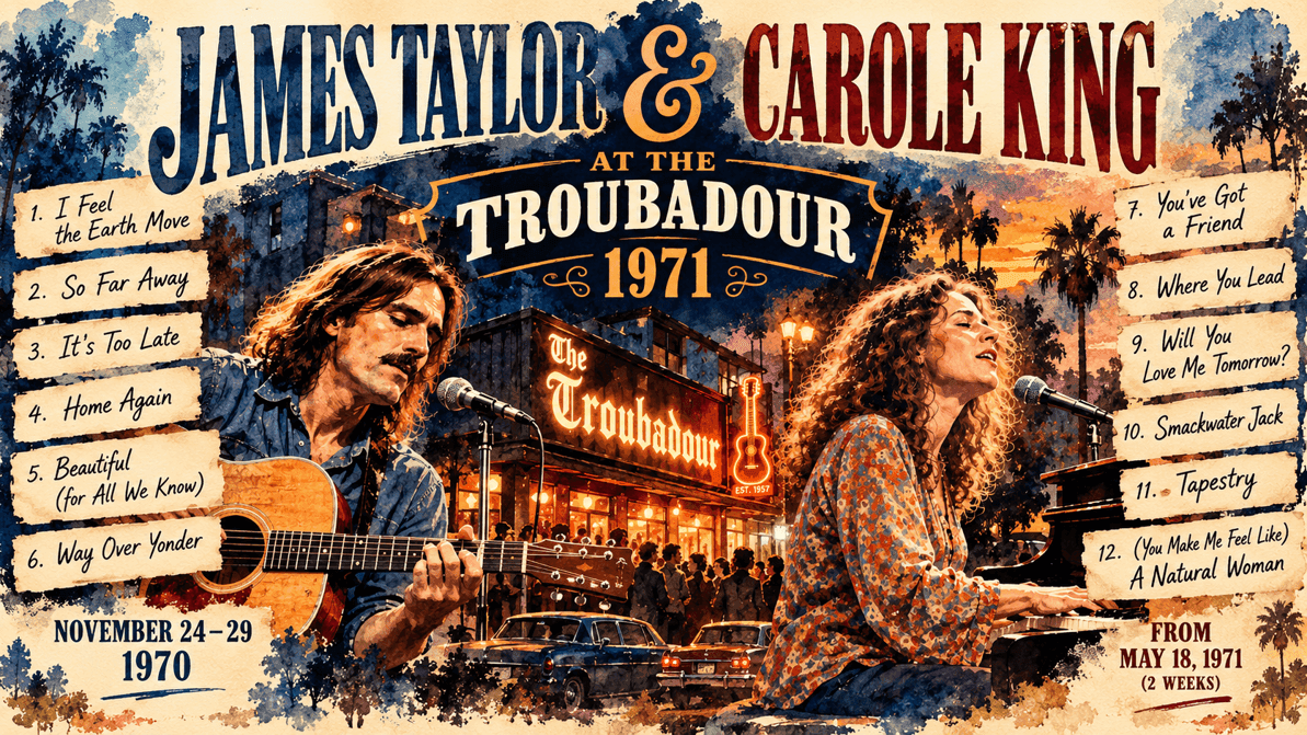 Noviembre 1970 James Taylor invita a Carole KIng a tocar en su banda - Mayo 1971, ambos comparten escenario
